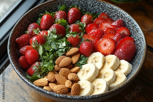 Healthy fruit and nut bowl: strawberries, banana, almonds and herbs. Perfect for a nutritious breakfast or snack. photo