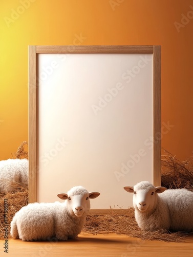 Blank Signboard with Sheep in Warm Room - Two fluffy sheep sit near a blank signboard in a warmly lit room, symbolizing serenity, innocence,  agricultural themes,  advertising space, and rustic charm. photo