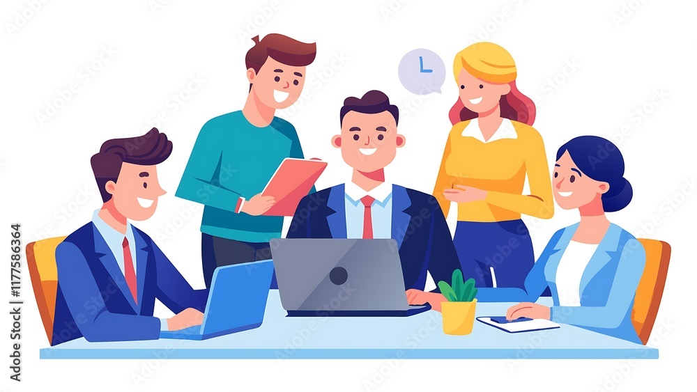 A corporate team and manager working together in flat illustration on white background A corporate team and manager working together in flat illustration on white background