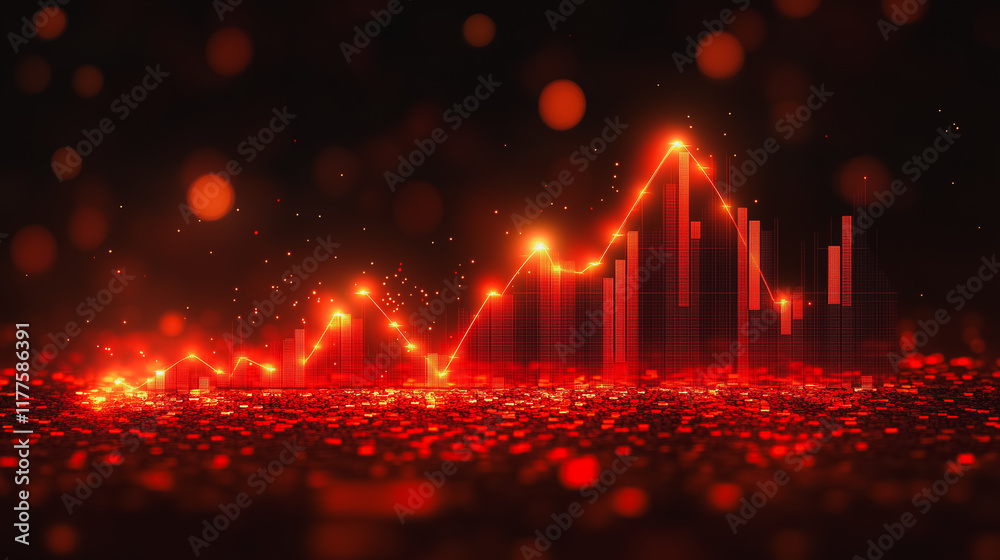 Fototapeta premium Red Hot Growth: A fiery upward trend graph ignites the screen, symbolizing rapid growth, prosperity, and financial success. The glowing red particles create a dramatic and energetic visual. 