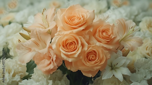 Peach Roses and Lilies: A Serene Floral Arrangement photo