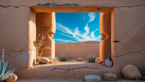 Desert Outpost Frame With Blue Sky View Through Rustic Adobe Wall Offering Peaceful Escape And Organic Design Inspiration. photo