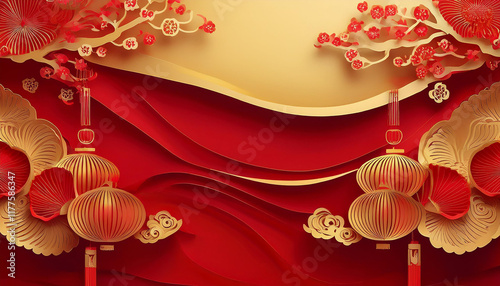 Red and gold design wallpaper with Chinese pattern, Elegant greeting design for Chinese New Year 