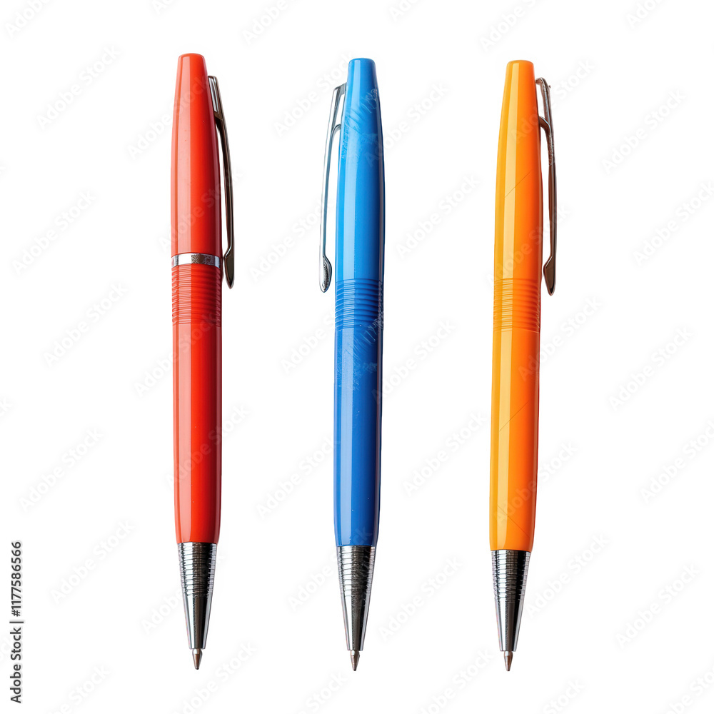 three pens arranged horizontally on a plain background the pens are in vibrant colors red. blue. and orange. with a sleek design and metal tips. suitable for writing or drawing they symbolize creativi three pens arranged horizontally on a plain background the pens are in vibrant colors red. blue. and orange. with a sleek design and metal tips. suitable for writing or drawing they symbolize creativi