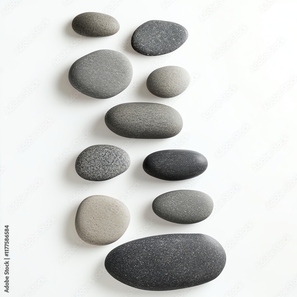 Smooth river stones of various sizes, white isolated background Smooth river stones of various sizes, white isolated background