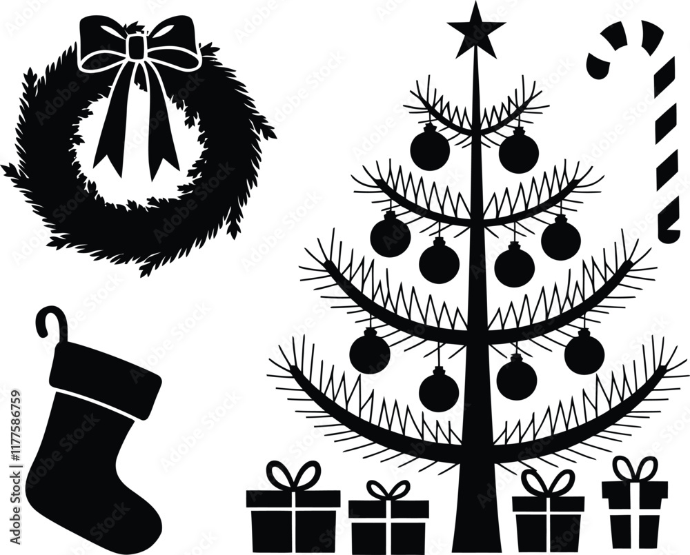 Fototapeta premium Black santa claus reindeer Christmas tree wall decal season elements