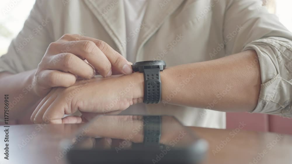 A person is looking at a watch and a cell phone. The watch is black and the phone is black and silver. The person is wearing a white shirt