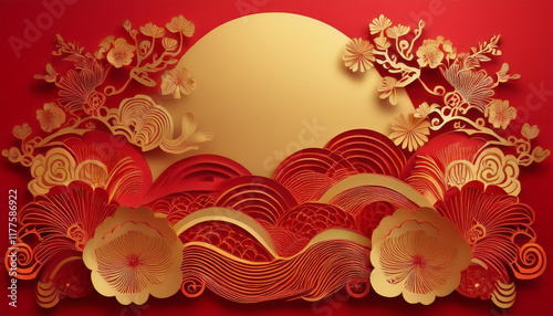 Red and gold design wallpaper with Chinese pattern, Elegant greeting design for Chinese New Year 