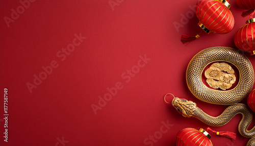 Year of the snake design wallpaper with Chinese pattern, decorations featuring snake and lanterns for a festive celebration, Chinese new year