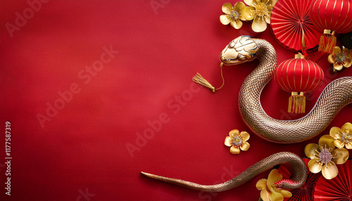 Year of the snake design wallpaper with Chinese pattern, decorations featuring snake and lanterns for a festive celebration, Chinese new year