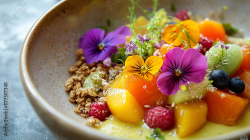 Vegan smoothie bowl with vibrant fruits, edible flowers, and granola artfully arranged for a health-conscious meal  photo