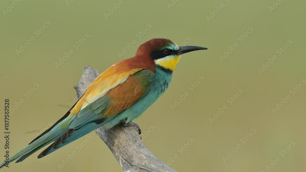 European Bee-eater (Merops apiaster) Perched on a Fallen Tree Branch in a Meadow European Bee-eater (Merops apiaster) Perched on a Fallen Tree Branch in a Meadow