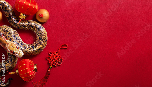Year of the snake design wallpaper with Chinese pattern, decorations featuring snake and lanterns for a festive celebration, Chinese new year