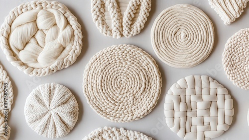Collection of textured woven and braided patterns on circular mats