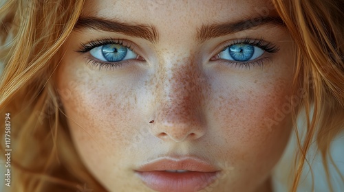 Captivating Close Up Portrait of a Woman with Vibrant Blue Eyes and Delicate Freckles