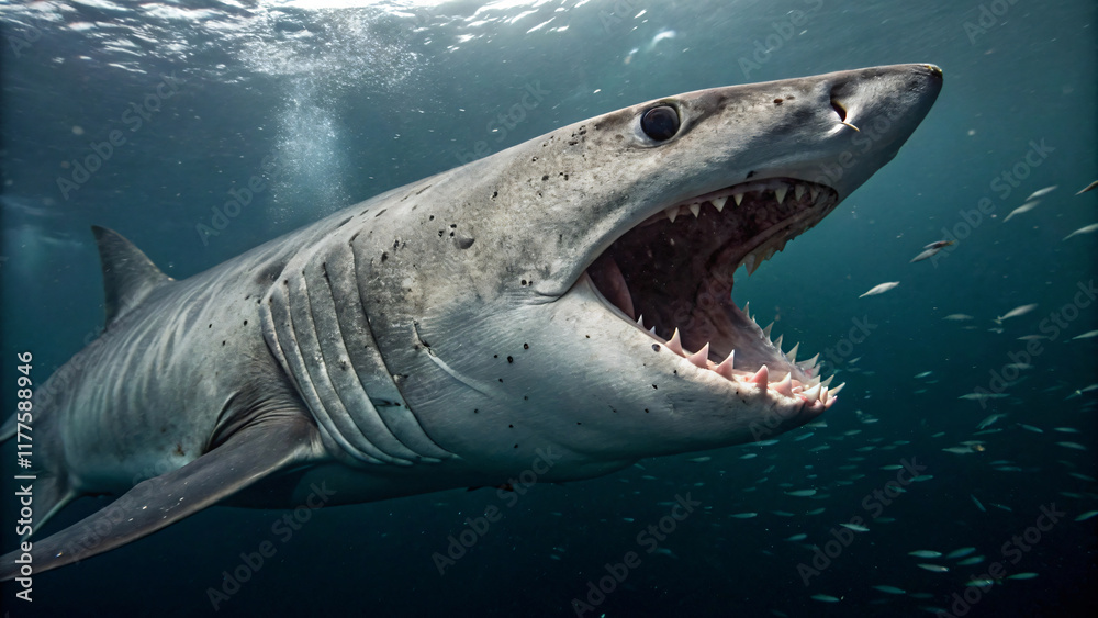 Naklejka premium A powerful grey shark with rows of sharp white teeth swims through the blue ocean water near a colorful coral reef