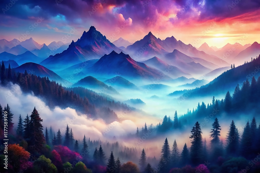 Obraz premium Misty Mountain Abstract Painting, Low Light Landscape Art, Digital Fine Art Print