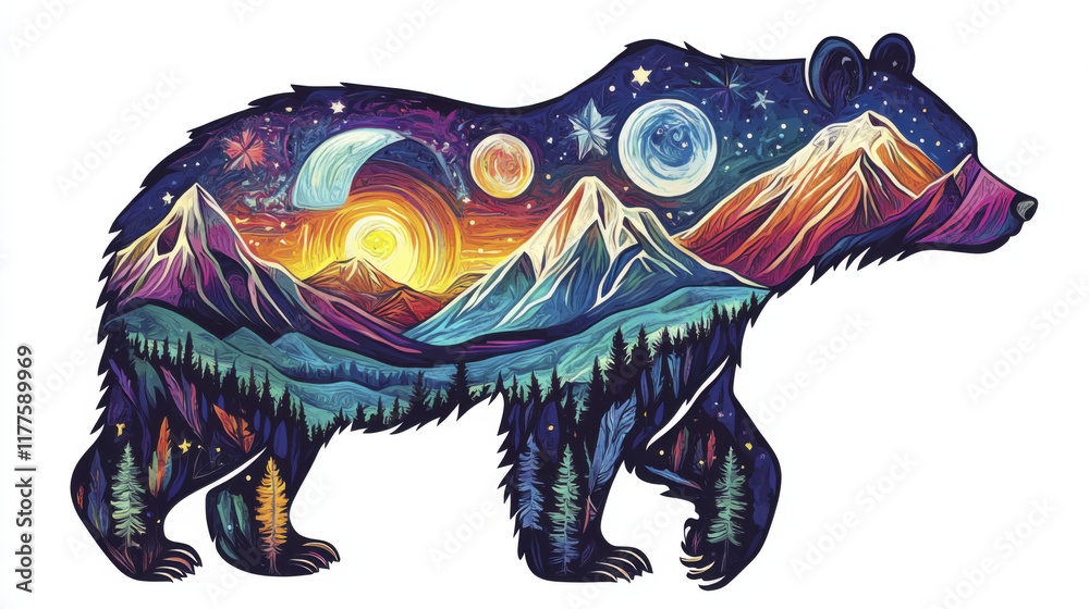 Fototapeta premium Colorful bear silhouette with mountains and cosmic elements, vibrant art