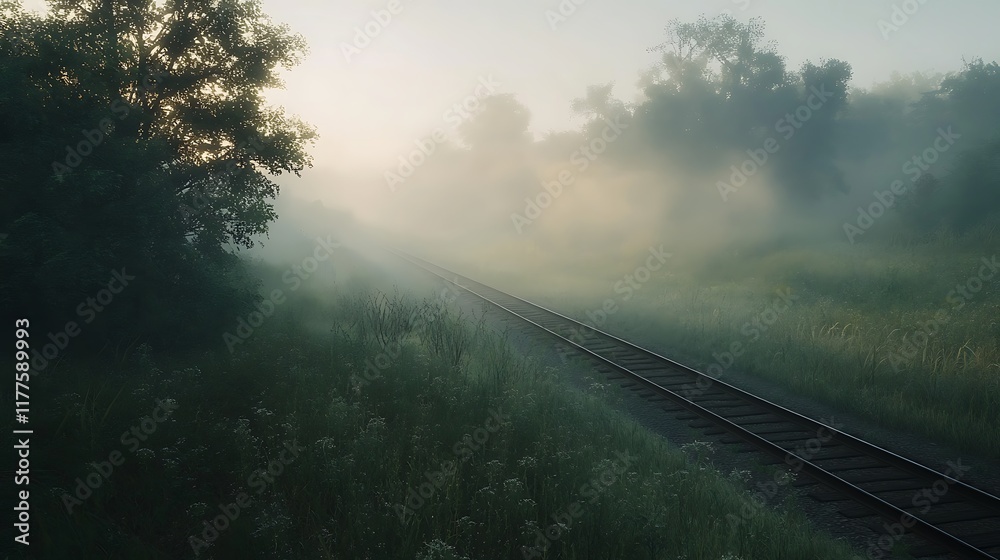 Misty Morning Railroad Tracks Through Forest Misty Morning Railroad Tracks Through Forest