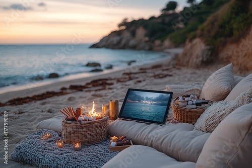 Romantic beach picnic at sunset with a tablet and fire. Enjoying the tranquil coastal view.