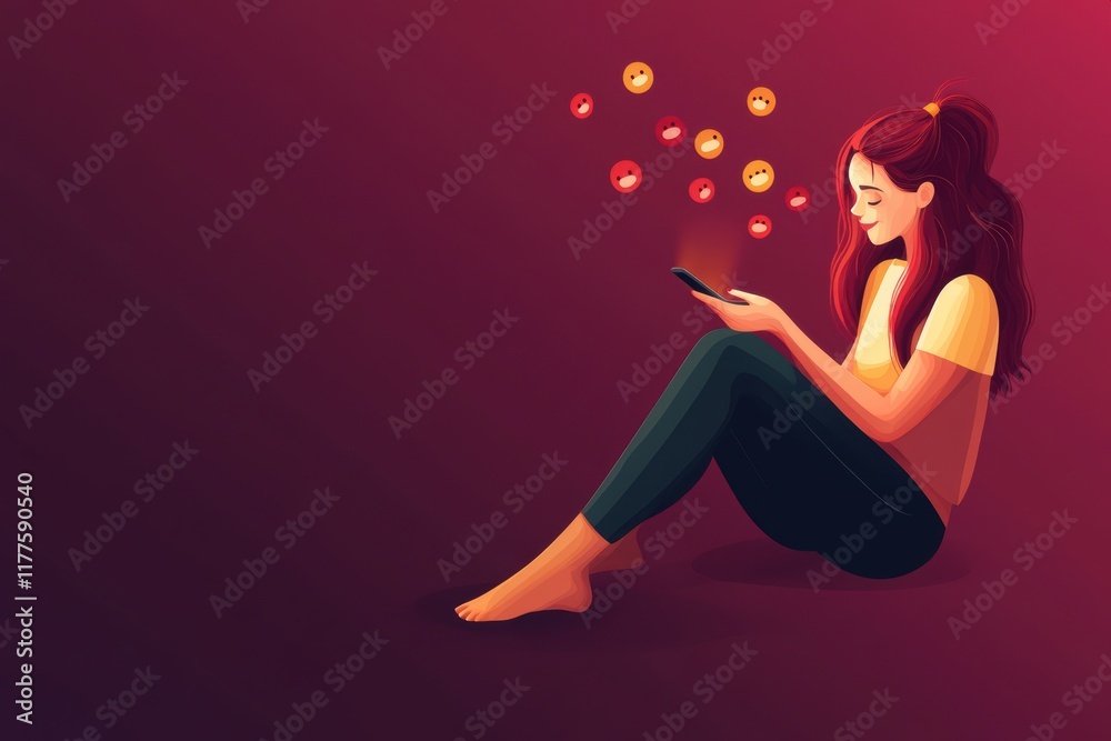 woman reading an online chat with happy and sad emojis floating around in a dark maroon background woman reading an online chat with happy and sad emojis floating around in a dark maroon background