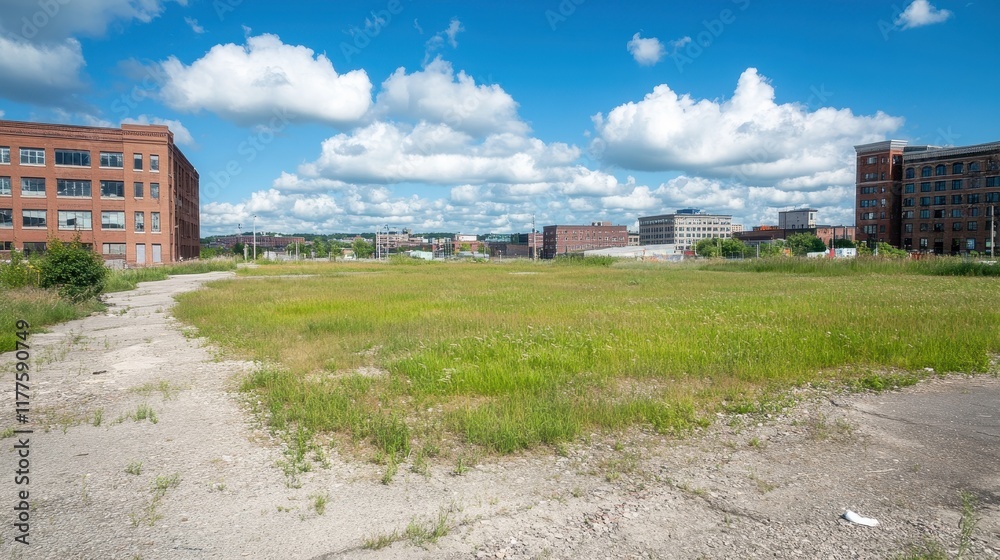 Abandoned Urban Landscape with Grass and Clouds Abandoned Urban Landscape with Grass and Clouds