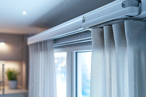 Modern motorized curtain system installed above a window, offering sleek, automated window treatments for any room. photo