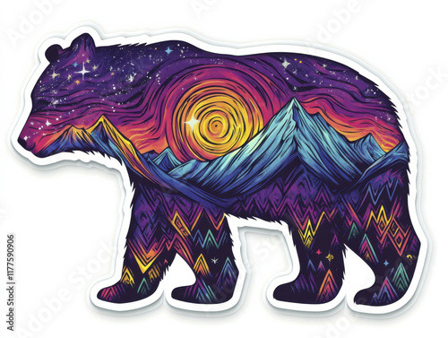 Colorful bear silhouette with mountains and stars, vibrant design photo