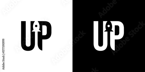 UP word logo design with a rocket combination in the middle photo