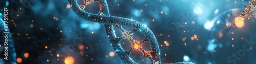 A twisting DNA helix glowing with vibrant orange and blue lights, surrounded by a sparkling environment, symbolizing advancements in genetic engineering, molecular research, and bioinformatics