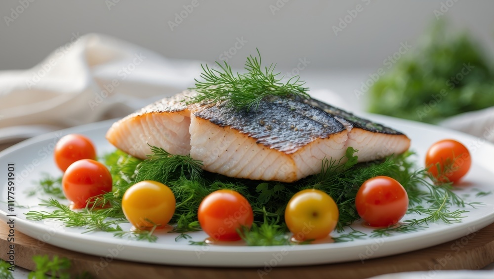 Grilled fish fillet served with colorful cherry tomatoes and herbs Grilled fish fillet served with colorful cherry tomatoes and herbs