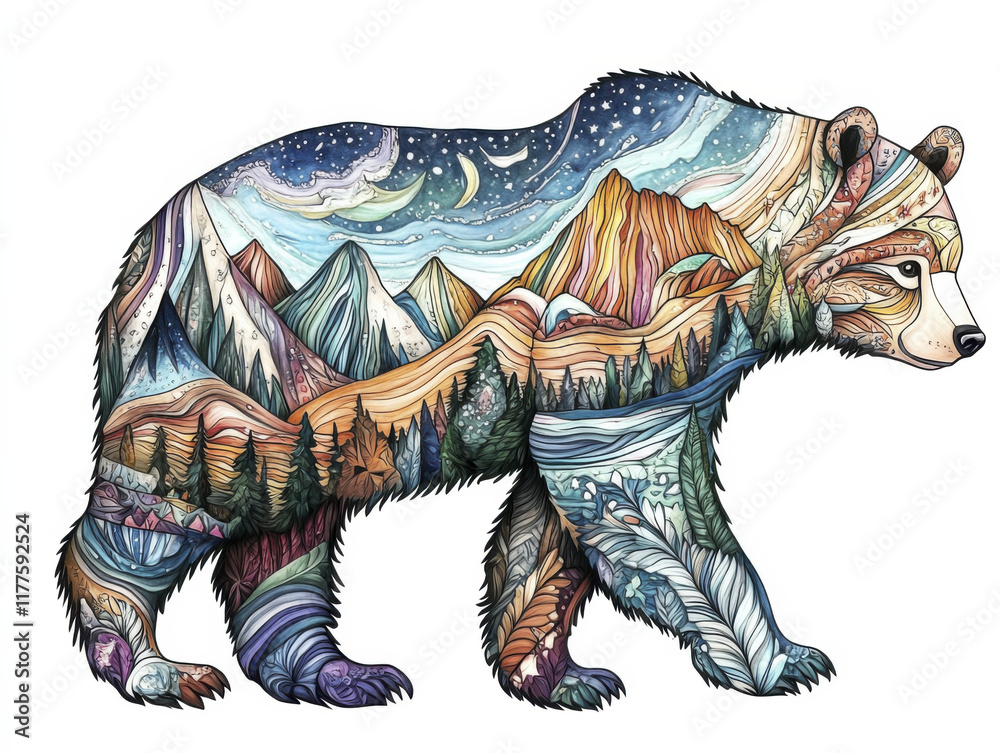Obraz premium Colorful bear illustration with mountains and trees in vibrant design
