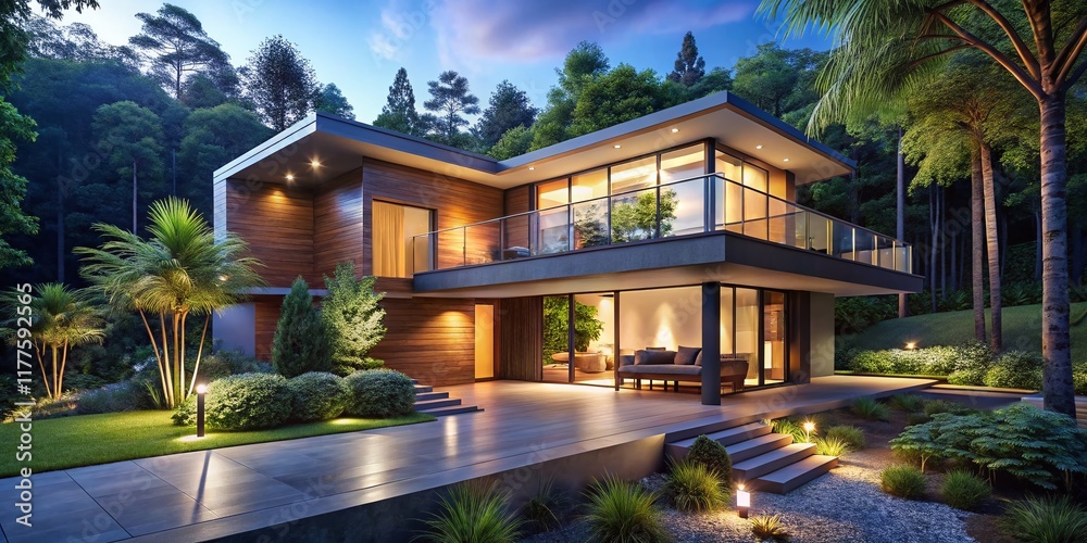 Obraz premium Modern Illuminated Night House in Serene Forest - Tranquil Nature Scene Stock Photo