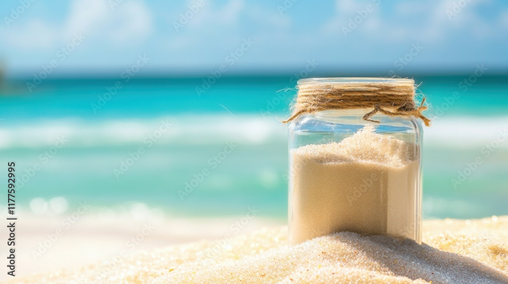 A jar of sand from the beach.Colorful summer template. Concept of recreation A jar of sand from the beach.Colorful summer template. Concept of recreation