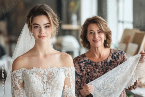 A bride in a wedding dress with lace and a train looks in the mirror while her mother sits next to her, smiles admiringly and holds fabric samples for choosing a wedding veil.  photo