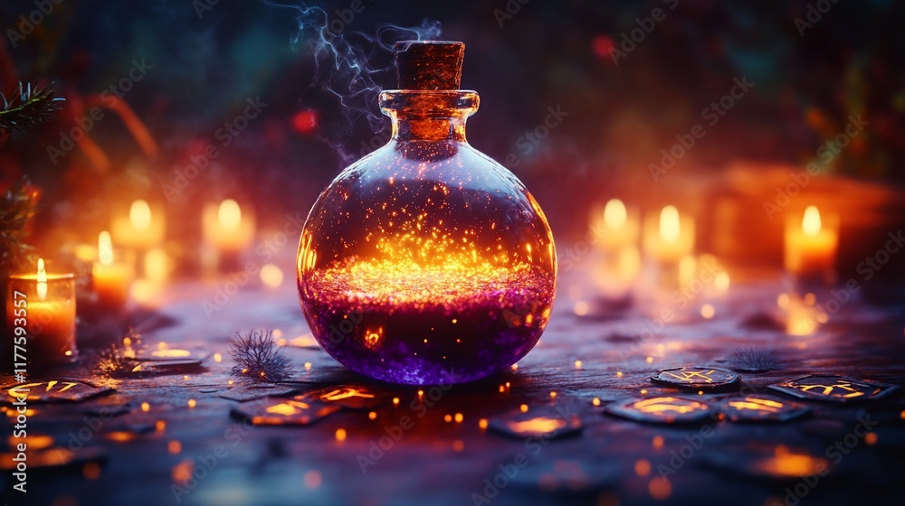 Magic potion in glass bottle, mystic candles, tarot cards Magic potion in glass bottle, mystic candles, tarot cards