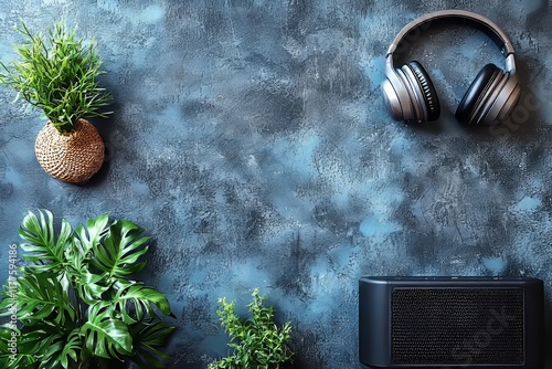 The merging of modern technologies in music production is depicted with black wireless headphones and an audio speaker on a dark background photo