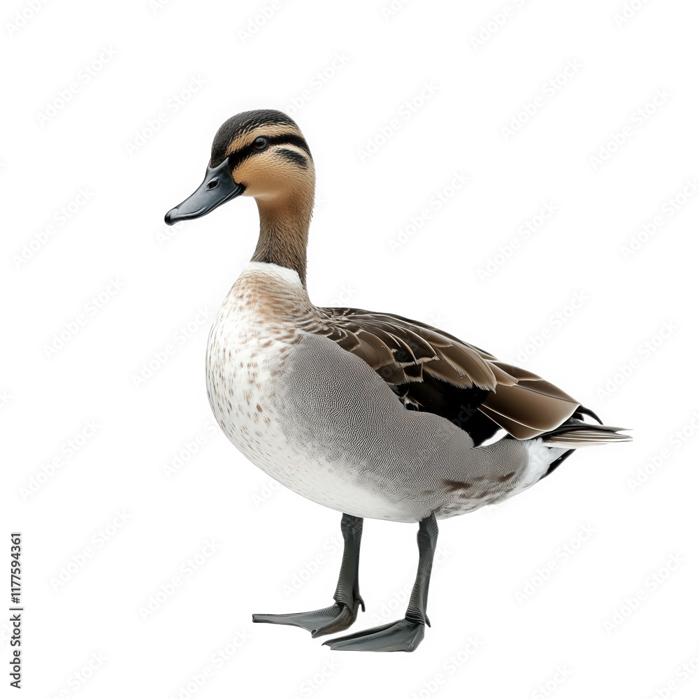 Obraz premium a realistic depiction of a duck standing gracefully against a white background. showcasing its detailed plumage and posture the beauty and elegance of this common waterfowl