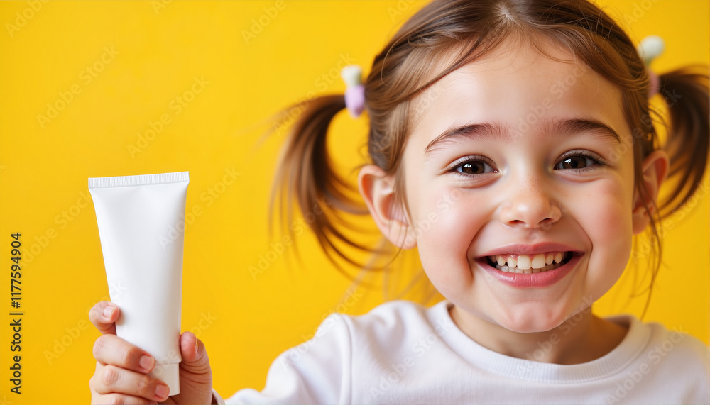 Smiling girl holding cream tube against bright yellow background, toothpaste, dental care, dentist day
