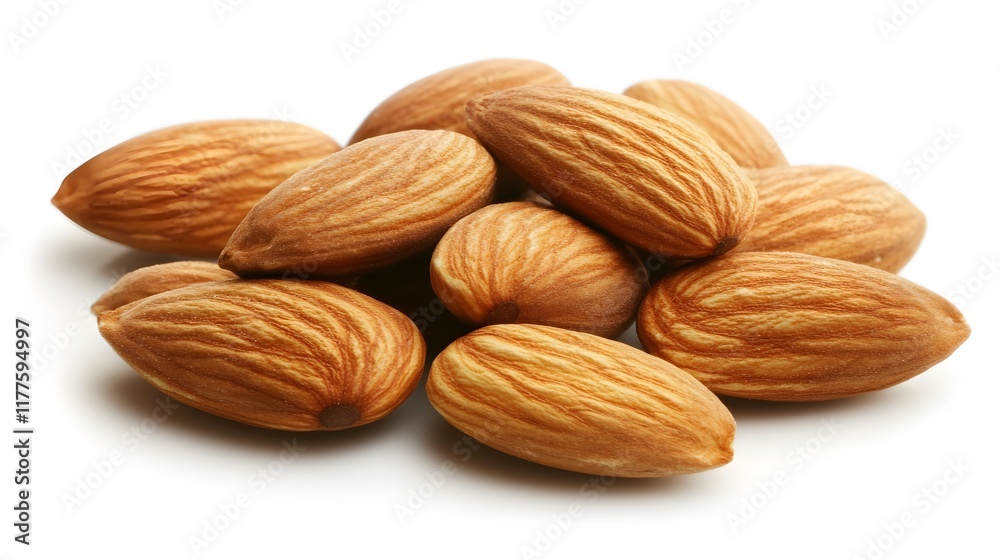 A pile of raw almonds on a white plate with a white background A pile of raw almonds on a white plate with a white background