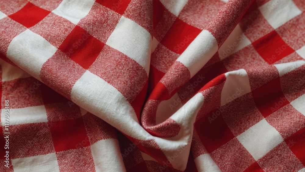 Obraz premium Red and white checkered tablecloth textile texture on a vibrant red background for backgrounds and design projects
