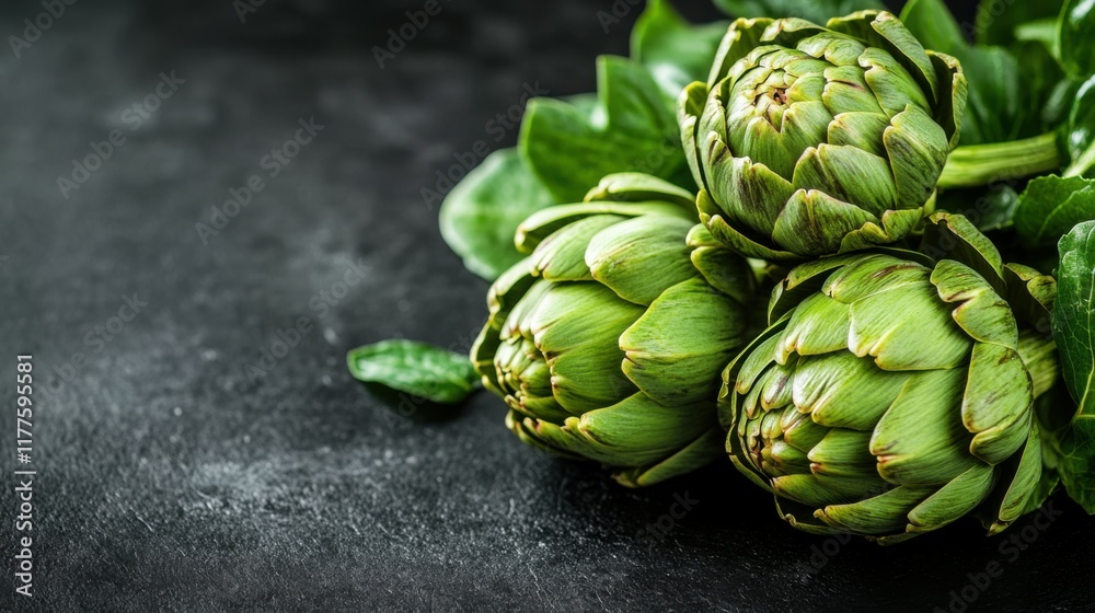 Fototapeta premium Artichoke closeup. Fresh raw organic green artichokes isolated on a black background. Vegetarian food. Raw vegetables at a market. Vegan background.