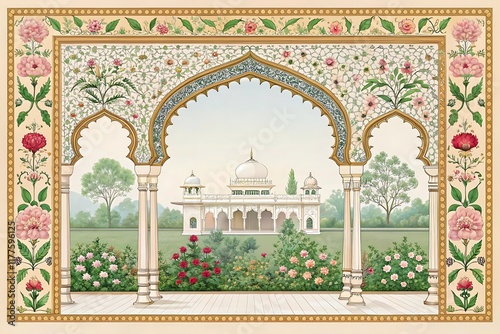llustration of a traditional Mughal arch garden wedding invitation frame