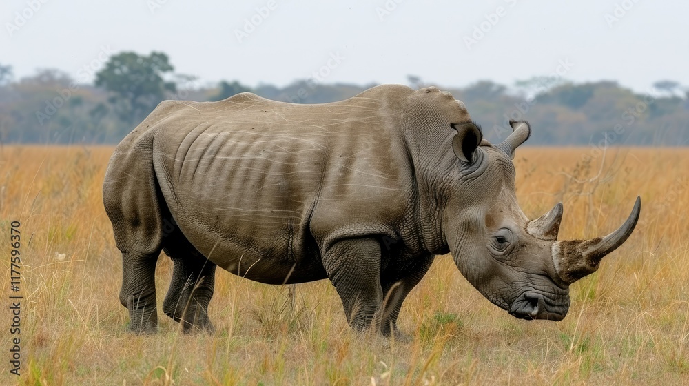 Obraz premium ' A rhinoceros in a grassy field with trees, grazing for wildlife preservation.