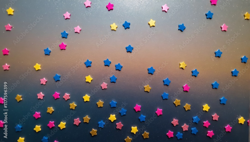 Background strewn with multi-colored glitter in the shape of stars.Abstract. design holiday, birthday, New Year, Christmas, postcards, invitations, decorations, copy space for text