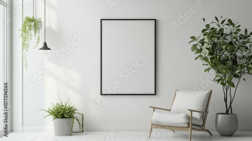 Blank picture frame mockup on white wall. White living room design. View of modern scandinavian style interior with artwork mock up on wall. Home staging and minimalism concept