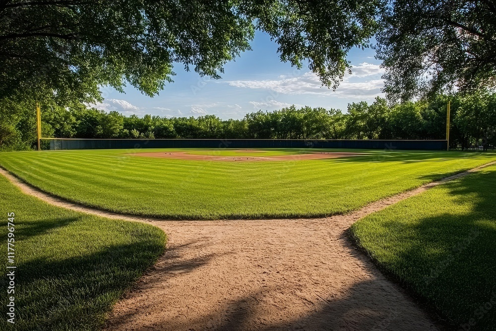 Fototapeta premium Serene sports environment showcasing a baseball field amidst nature. 