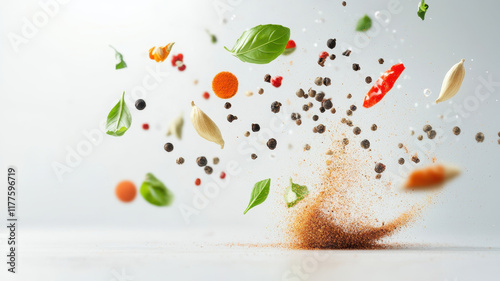 Fototapeta Naklejka Na Ścianę i Meble -  Dynamic culinary motion art with floating spices mid air creates vibrant scene