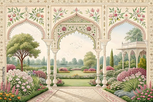 llustration of a traditional Mughal arch garden wedding invitation frame