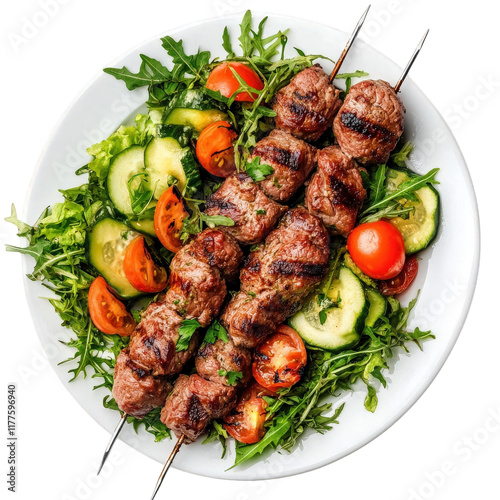 plate of grilled kebabs served on a bed of fresh salad. including cucumbers. cherry tomatoes. and leafy greens. highlighting a delicious and vibrant meal the presentation emphasizes the colorful ingre photo